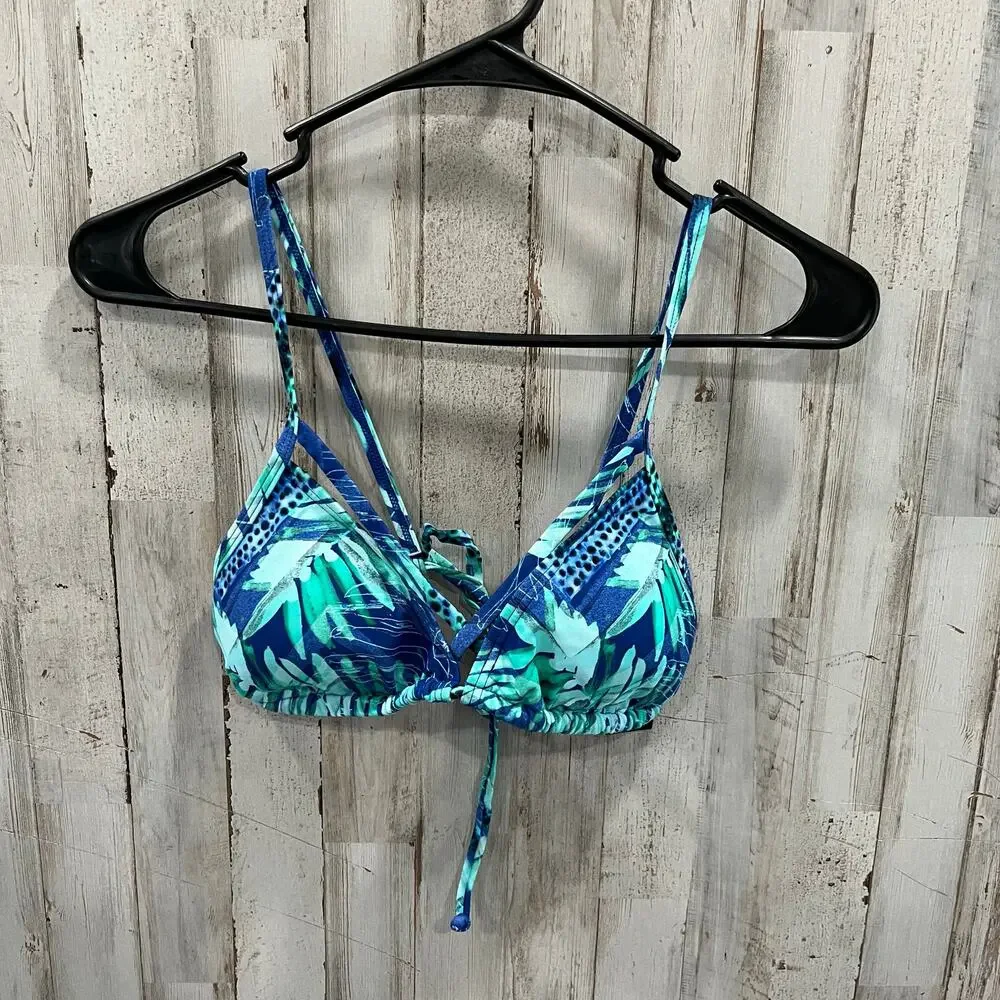 New! EXPRESS Blue Green Tropical Triangle Bikini Top Back Tie Womens Size M